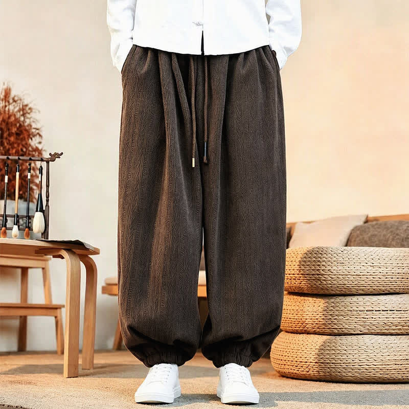 Buddha Stones Fall Winter Casual Minimalist Drawstring Solid Ankle Pants Corduroy Men's Harem Pants With Pockets - image 2