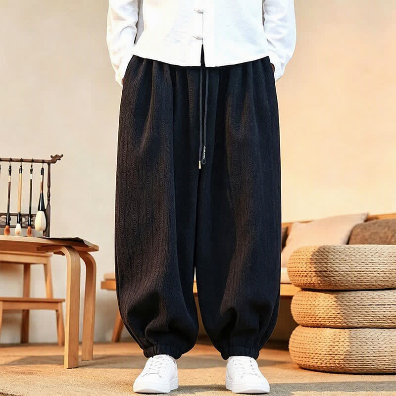 Buddha Stones Fall Winter Casual Minimalist Drawstring Solid Ankle Pants Corduroy Men's Harem Pants With Pockets - Black - US/UK/AU46, EU56 (5XL) - image 13