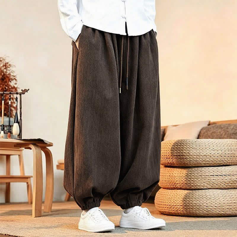 Buddha Stones Fall Winter Casual Minimalist Drawstring Solid Ankle Pants Corduroy Men's Harem Pants With Pockets - image 1