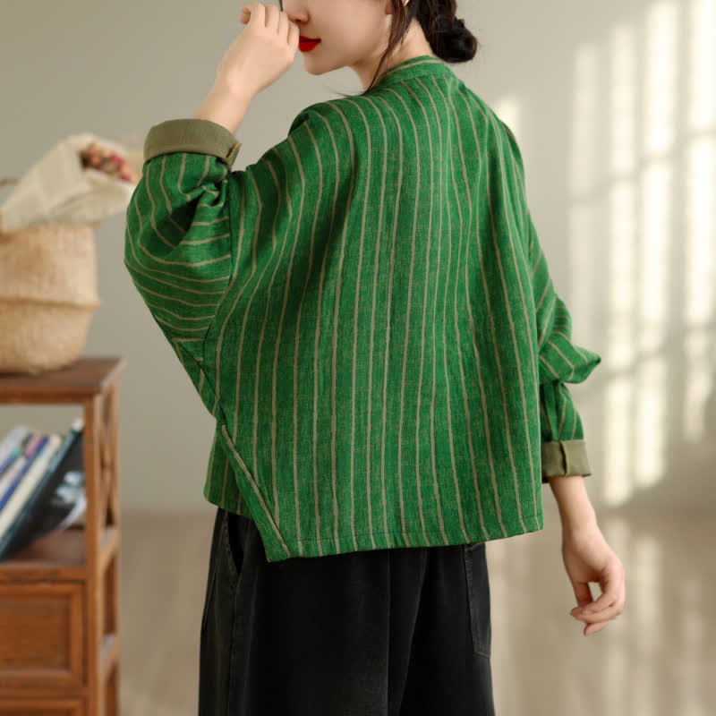 Buddha Stones Fall Casual Vintage Button-Up Drawstring Striped Cropped Women's Jacket - image 12