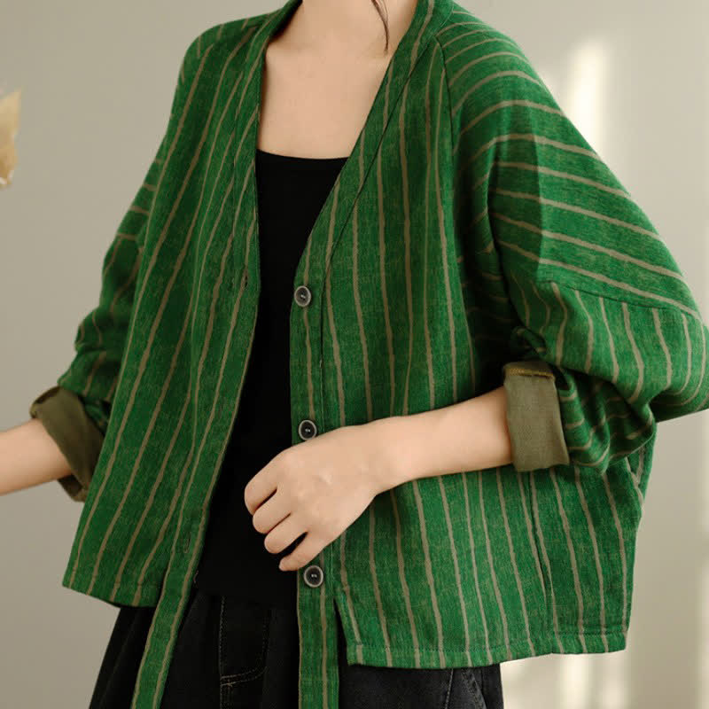 Buddha Stones Fall Casual Vintage Button-Up Drawstring Striped Cropped Women's Jacket - image 14