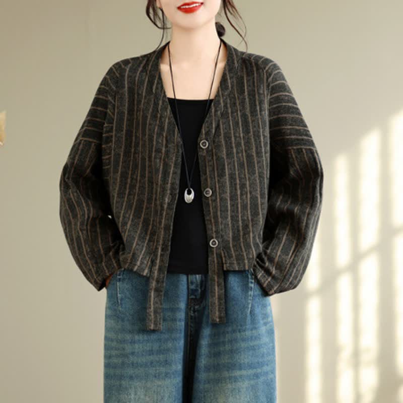 Buddha Stones Fall Casual Vintage Button-Up Drawstring Striped Cropped Women's Jacket - image 5