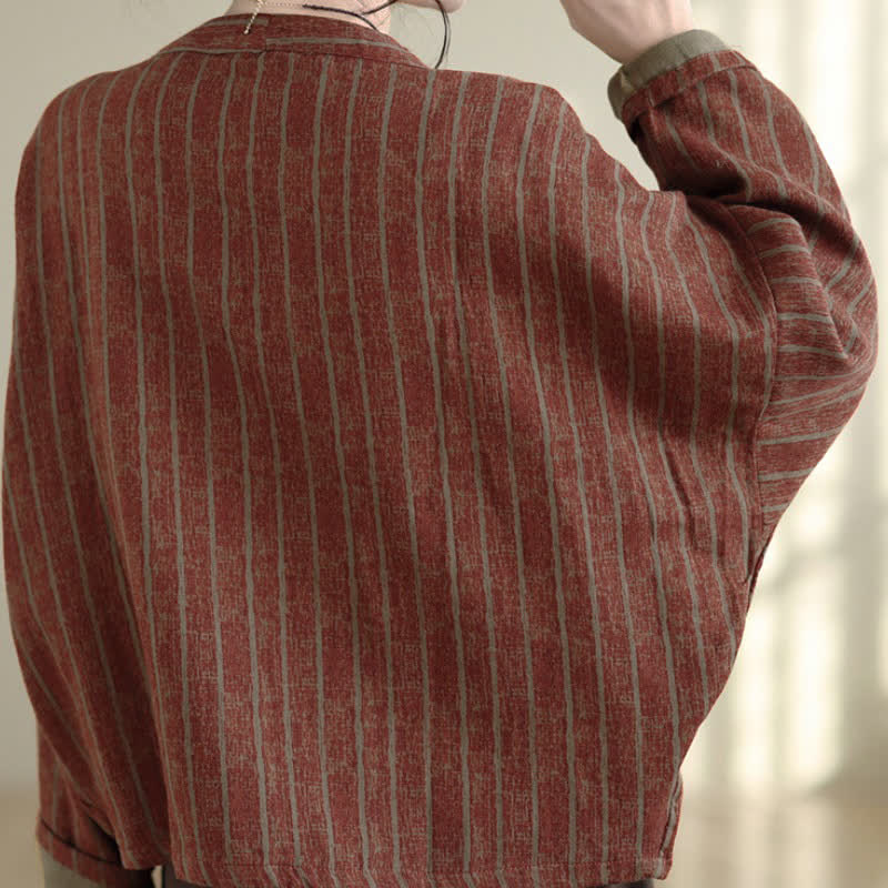Buddha Stones Fall Casual Vintage Button-Up Drawstring Striped Cropped Women's Jacket - image 19