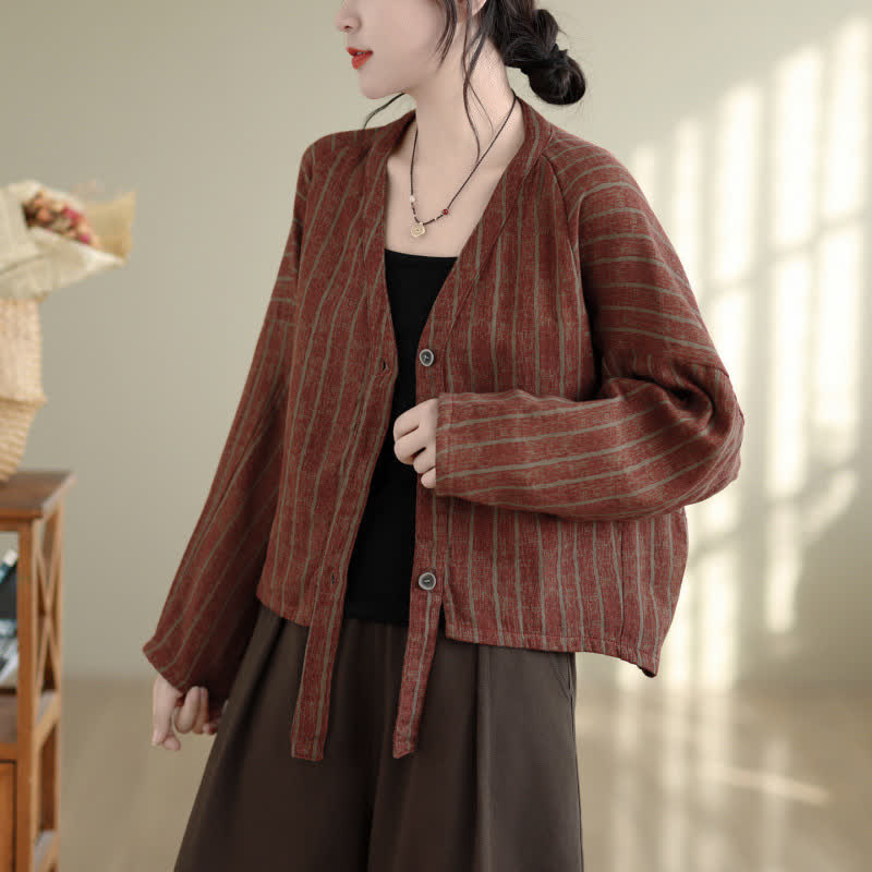 Buddha Stones Fall Casual Vintage Button-Up Drawstring Striped Cropped Women's Jacket - Sienna - US4-8/10, UK/AU8-12/14, EU36-40/42 (F) - image 16