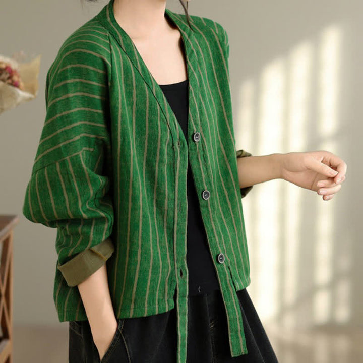 Buddha Stones Fall Casual Vintage Button-Up Drawstring Striped Cropped Women's Jacket - image 10