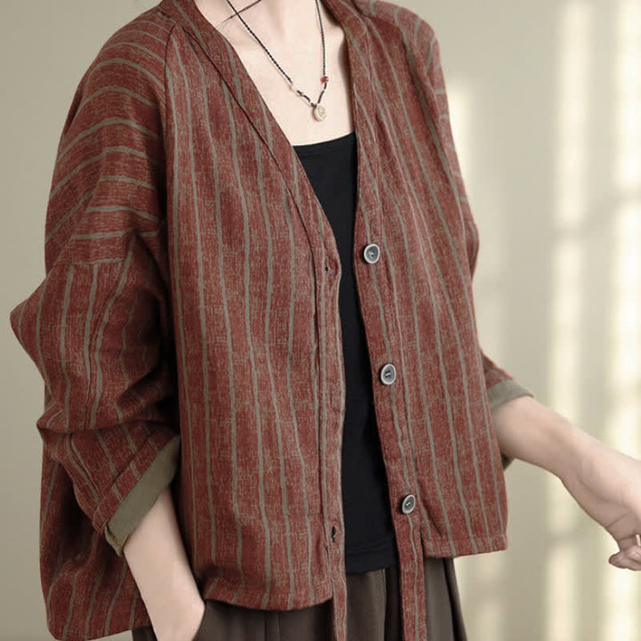 Buddha Stones Fall Casual Vintage Button-Up Drawstring Striped Cropped Women's Jacket - image 20