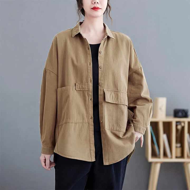 Buddha Stones Spring Fall Basic Minimalist Button-Up Solid Cotton Women's Jacket With Pockets - image 6
