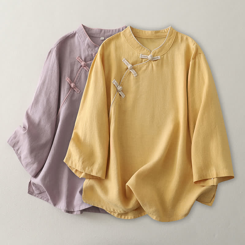 Buddha Stones Spring Fall Casual Vintage Tang Style Frog Button Solid Linen Women's Long Sleeve Shirts - image 7