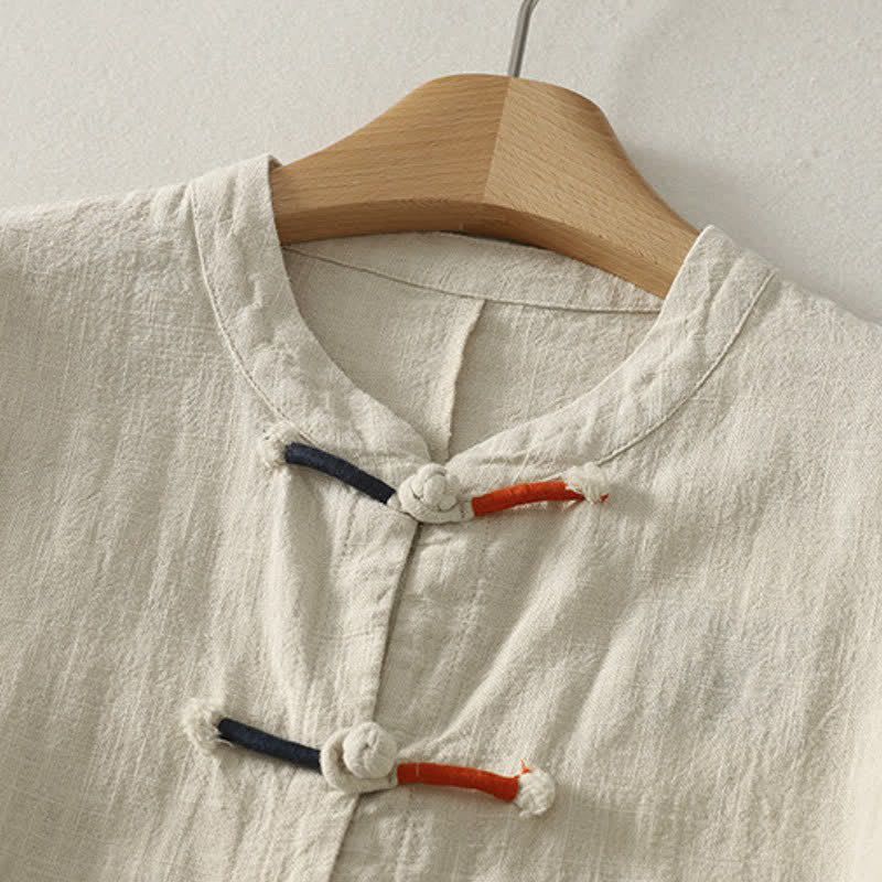 Buddha Stones Fall Casual Tang Style Frog Button Solid Cotton Linen Women's Long Sleeve Shirts - image 2