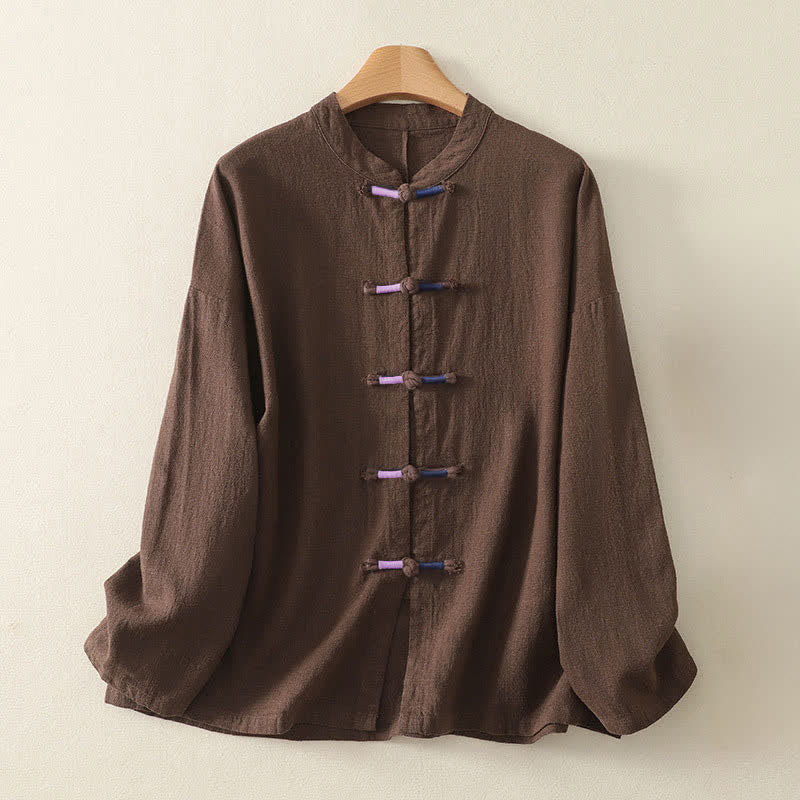 Buddha Stones Fall Casual Tang Style Frog Button Solid Cotton Linen Women's Long Sleeve Shirts - SaddleBrown - US8-10，UK/AU12-14，EU40-42 (2XL) - image 10