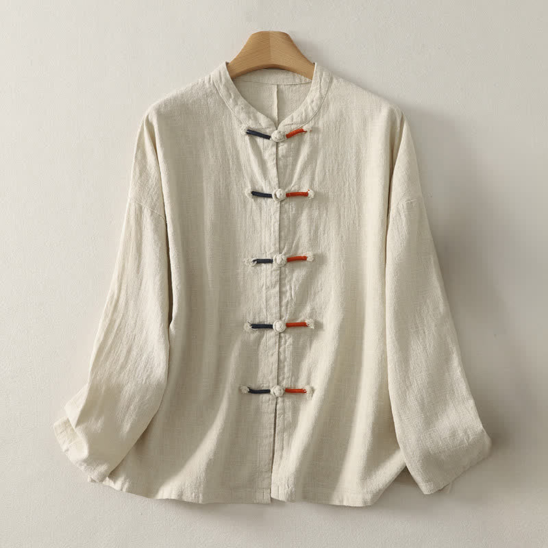 Buddha Stones Fall Casual Tang Style Frog Button Solid Cotton Linen Women's Long Sleeve Shirts - Linen - US8-10，UK/AU12-14，EU40-42 (2XL) - image 0