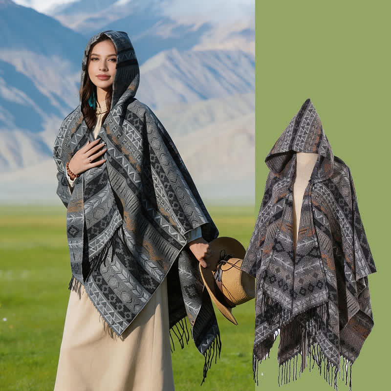 Buddha Stones Fall Winter Hooded Geometric Stripe Tassel Poncho Women's Shawl - Gray Tan - 140*159cm - image 16
