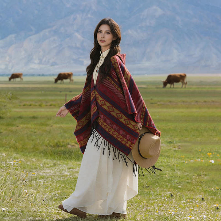 Buddha Stones Fall Winter Hooded Geometric Stripe Tassel Poncho Women's Shawl - image 14