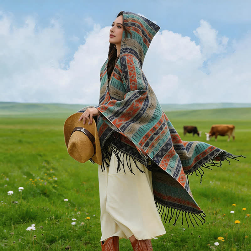 Buddha Stones Fall Winter Hooded Geometric Stripe Tassel Poncho Women's Shawl - image 28