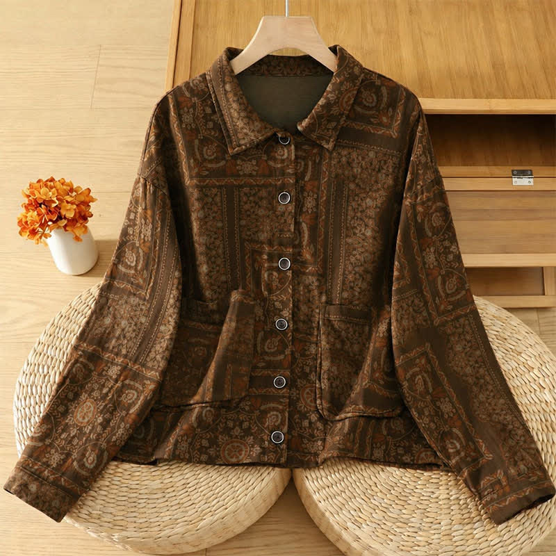 Buddha Stones Fall Vintage Boho Button-Up Abstract Women's Long Sleeve Shirts With Pockets - Sienna - US4-6, UK/AU8-10, EU36-38 (F) - image 0
