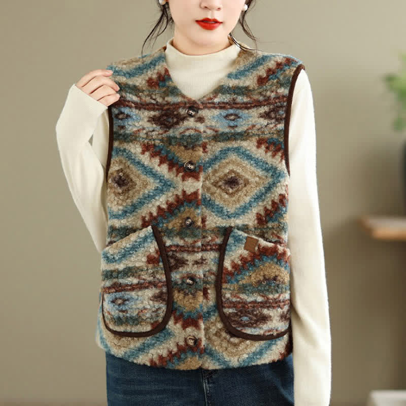 Buddha Stones Fall Winter Casual Vintage Button-Up Geometric Tank Top Women's Vest With Pocket - image 2