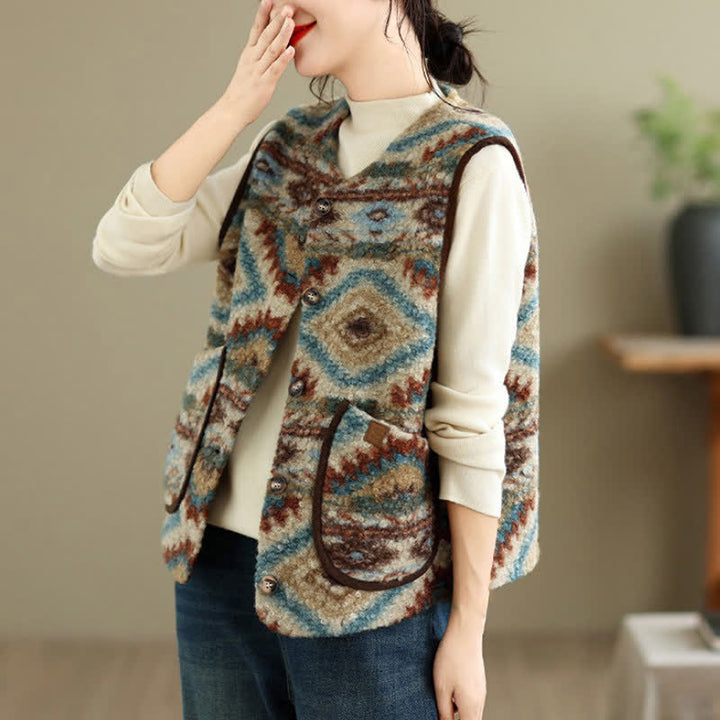 Buddha Stones Fall Winter Casual Vintage Button-Up Geometric Tank Top Women's Vest With Pocket - image 5