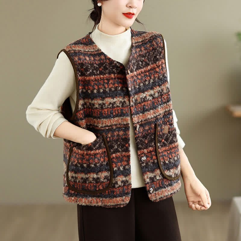 Buddha Stones Fall Winter Casual Vintage Button-Up Geometric Tank Top Women's Vest With Pocket - Maroon - US8-10, UK/AU12-14, EU40-42 (2XL) - image 22