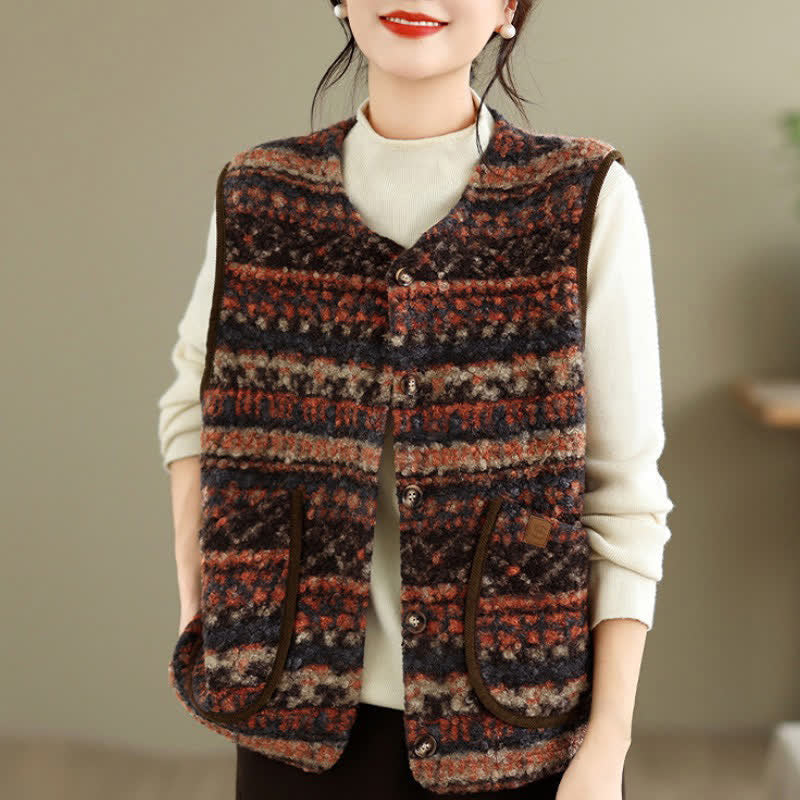 Buddha Stones Fall Winter Casual Vintage Button-Up Geometric Tank Top Women's Vest With Pocket - image 24