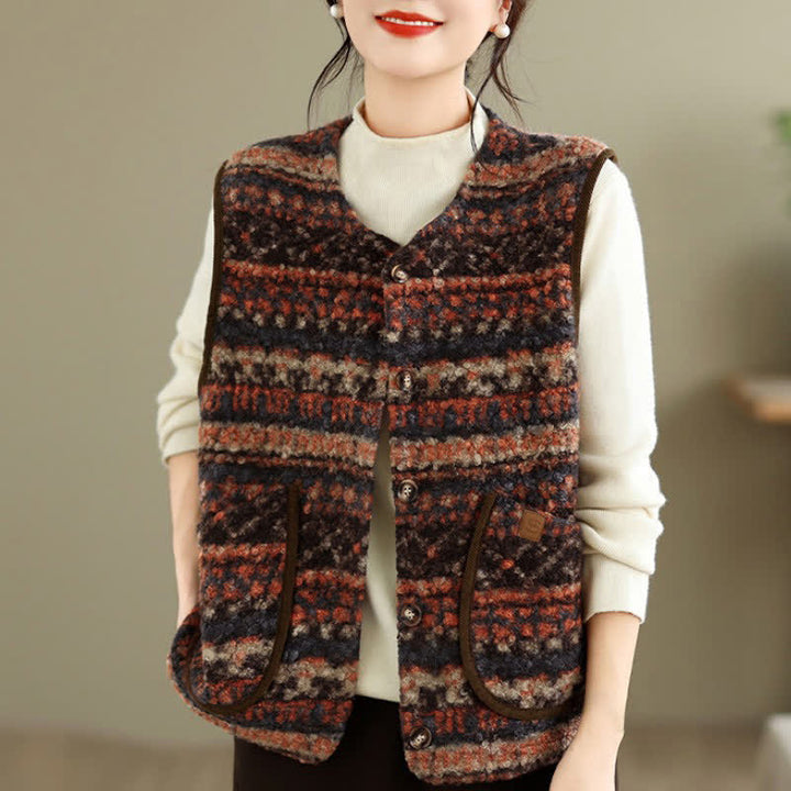 Buddha Stones Fall Winter Casual Vintage Button-Up Geometric Tank Top Women's Vest With Pocket - image 24