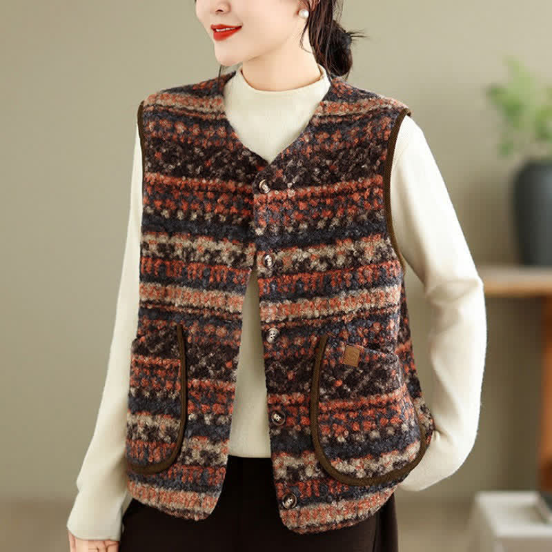 Buddha Stones Fall Winter Casual Vintage Button-Up Geometric Tank Top Women's Vest With Pocket - image 25