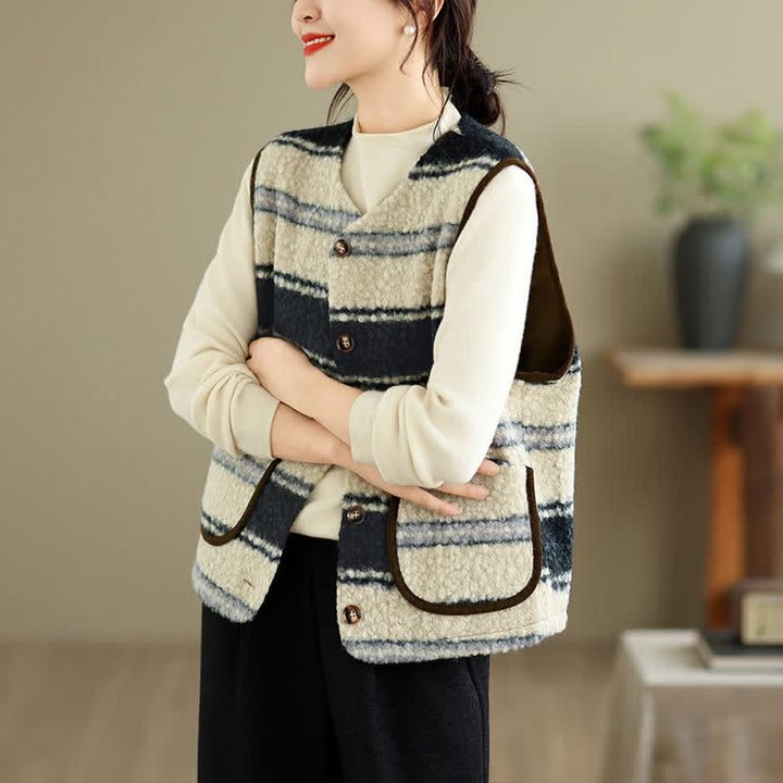 Buddha Stones Fall Winter Casual Vintage Button-Up Geometric Tank Top Women's Vest With Pocket - image 17