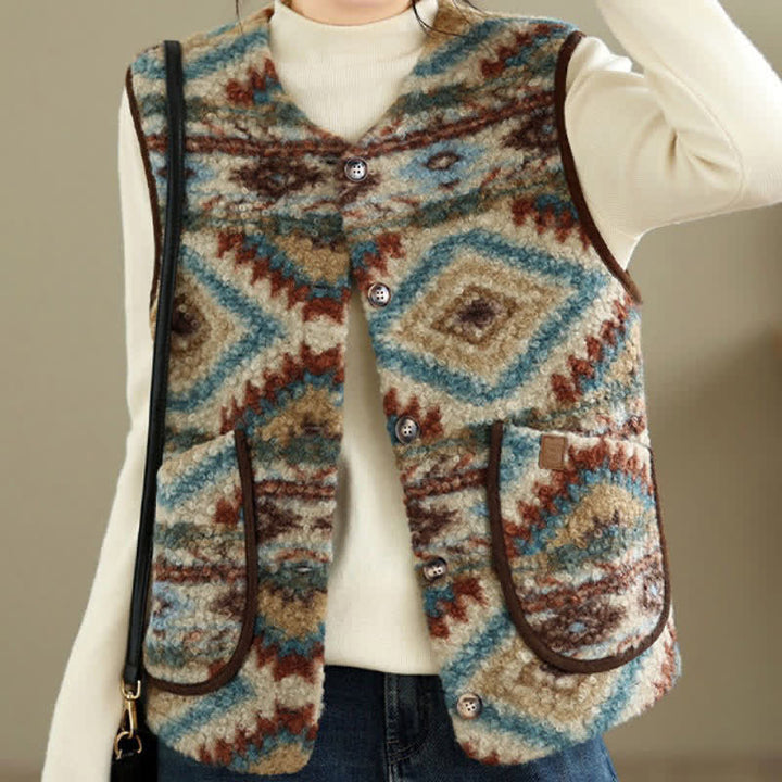 Buddha Stones Fall Winter Casual Vintage Button-Up Geometric Tank Top Women's Vest With Pocket - image 3