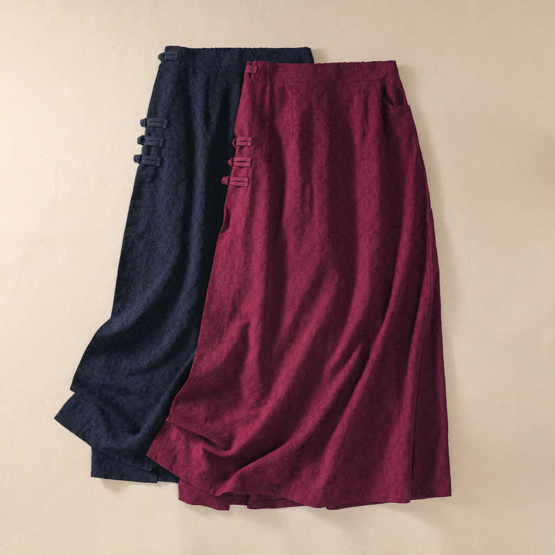 Buddha Stones Fall Vintage Tang Style Pankou Solid Cotton Linen Women's Skirts With Pocket - image 0