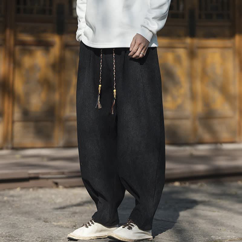 Buddha Stones Fall Winter Casual Retro Drawstring Solid Corduroy Ankle Pants Men's Wide Leg Pants With Pocket - image 10