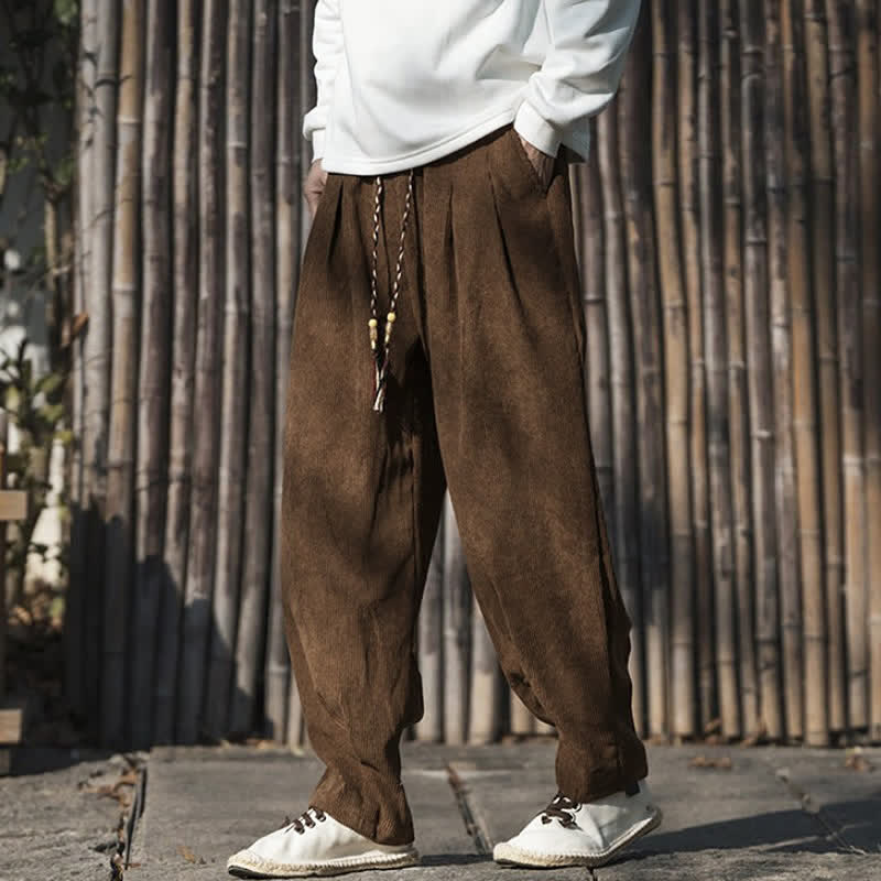 Buddha Stones Fall Winter Casual Retro Drawstring Solid Corduroy Ankle Pants Men's Wide Leg Pants With Pocket - image 3