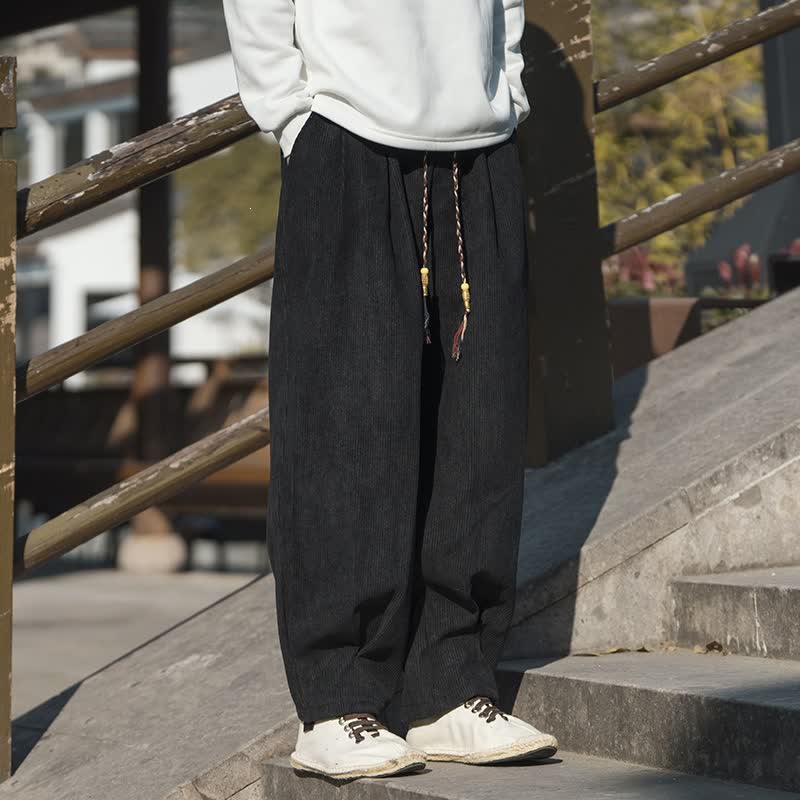 Buddha Stones Fall Winter Casual Retro Drawstring Solid Corduroy Ankle Pants Men's Wide Leg Pants With Pocket - image 17