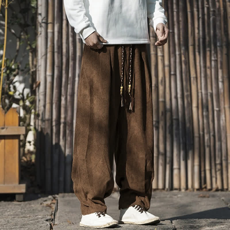 Buddha Stones Fall Winter Casual Retro Drawstring Solid Corduroy Ankle Pants Men's Wide Leg Pants With Pocket - image 8