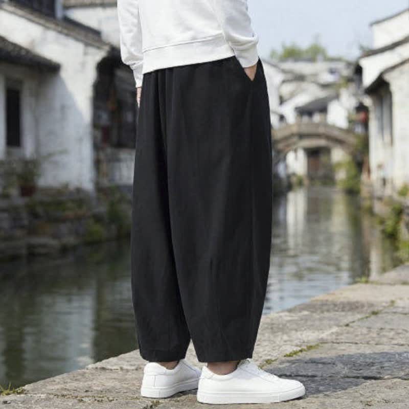 Buddha Stones Fall Casual Minimalist Drawstring Solid Cropped Pants Men's Straight Leg Pants With Pockets - image 10