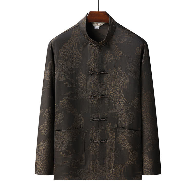 Buddha Stones 2Pcs Spring Fall Tang Style Classic Mandarin Collar Cloud Pattern Men's Meditation Cloth With Pockets - image 1