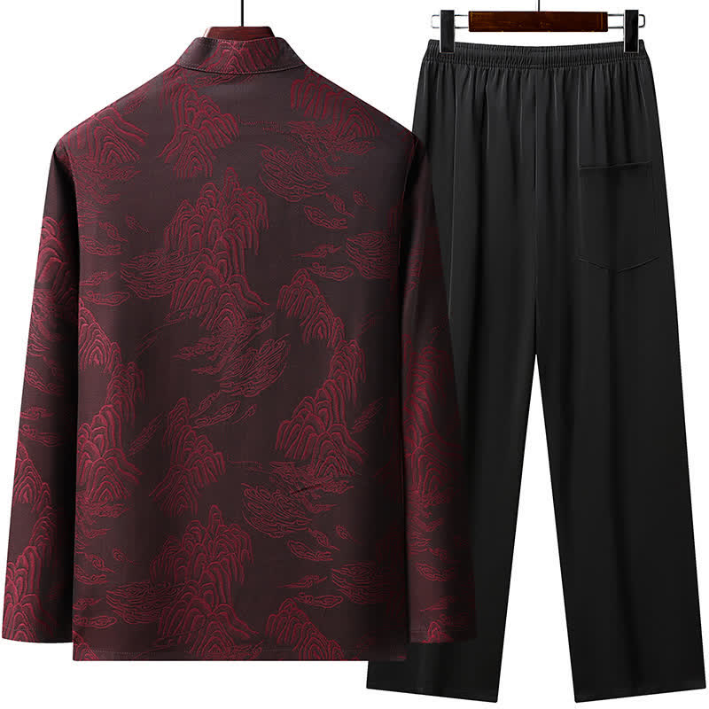 Buddha Stones 2Pcs Spring Fall Tang Style Classic Mandarin Collar Cloud Pattern Men's Meditation Cloth With Pockets - image 10