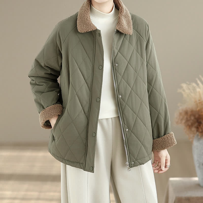 Buddha Stones Winter Casual Vintage Button-Up Geometric Rhombus-shaped Lines Women's Jacket With Pockets - DarkOliveGreen - US12, UK/AU16, EU44 (XL) - image 0