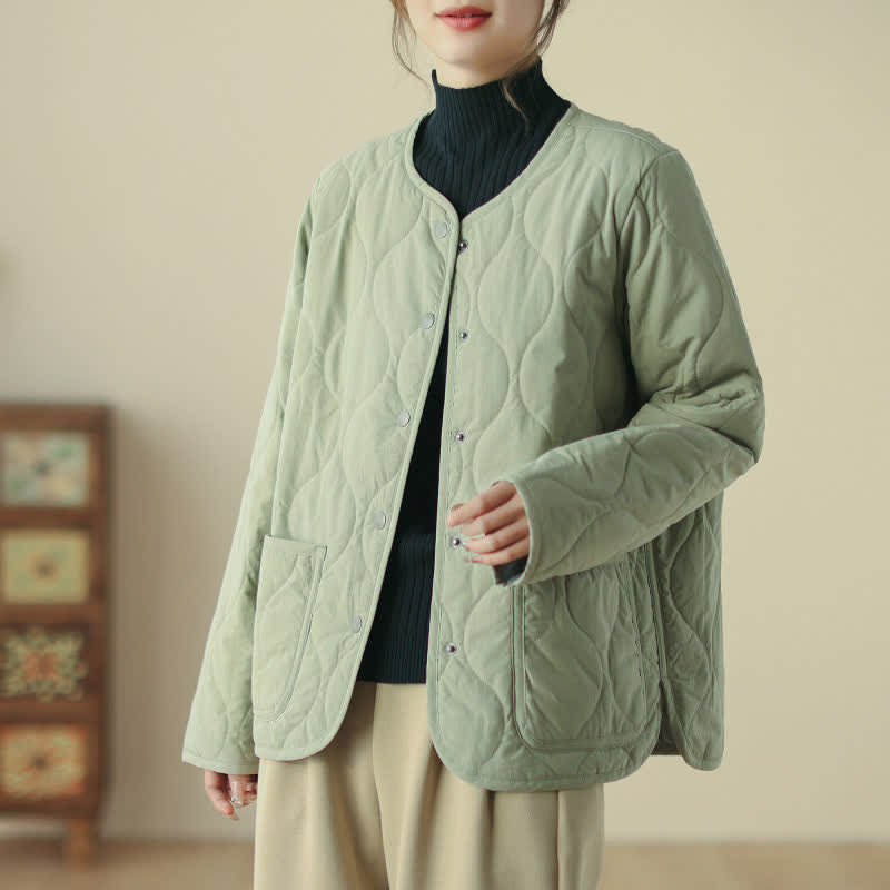 Buddha Stones Fall Winter Casual Minimalist Button-Up Geometric Curved Lines Women's Jacket With Pockets - image 2