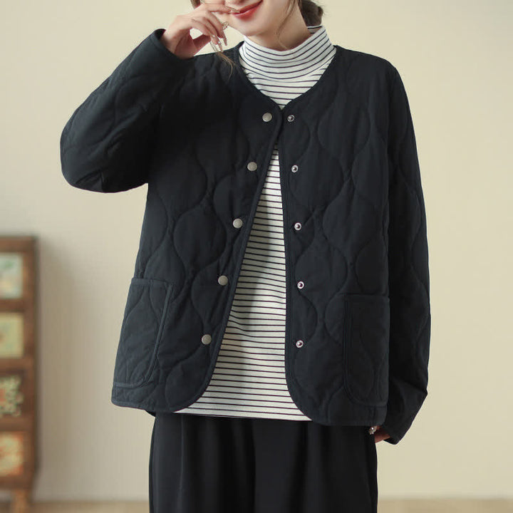 Buddha Stones Fall Winter Casual Minimalist Button-Up Geometric Curved Lines Women's Jacket With Pockets - image 8