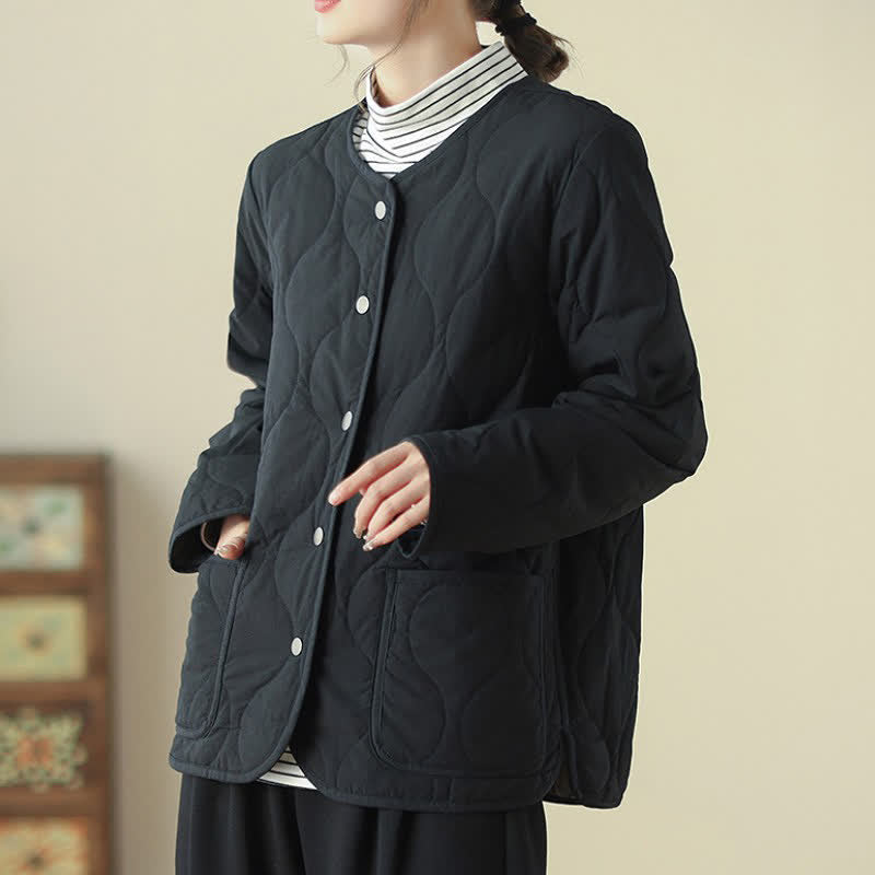 Buddha Stones Fall Winter Casual Minimalist Button-Up Geometric Curved Lines Women's Jacket With Pockets - image 7