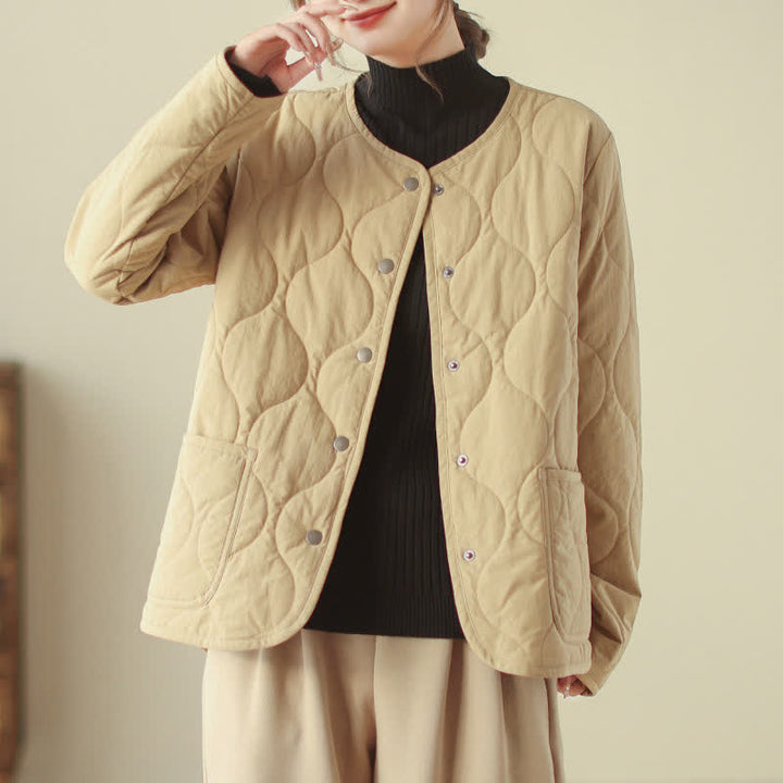 Buddha Stones Fall Winter Casual Minimalist Button-Up Geometric Curved Lines Women's Jacket With Pockets - image 11