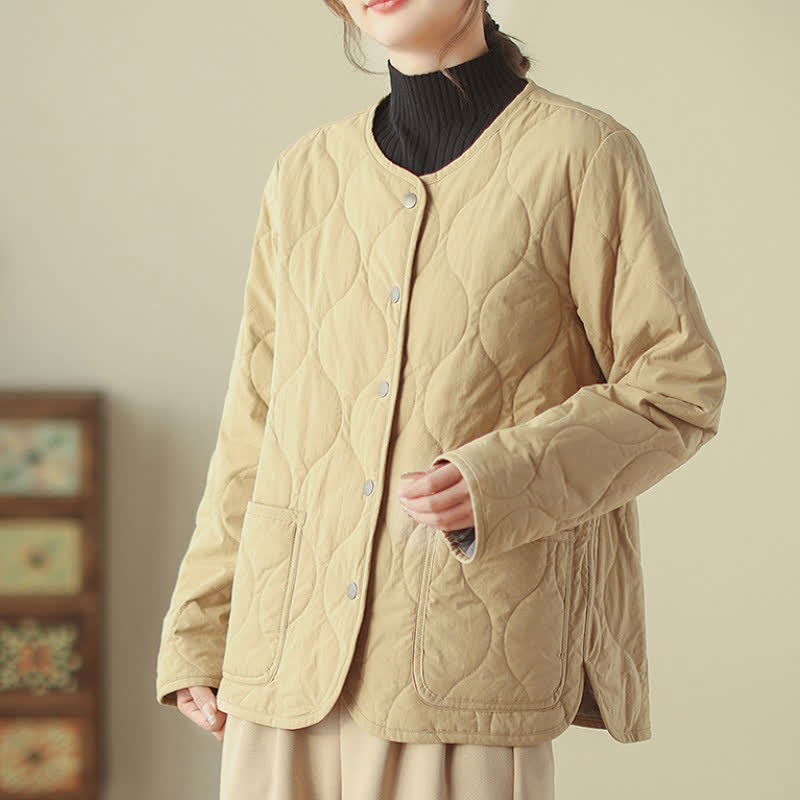 Buddha Stones Fall Winter Casual Minimalist Button-Up Geometric Curved Lines Women's Jacket With Pockets - image 12