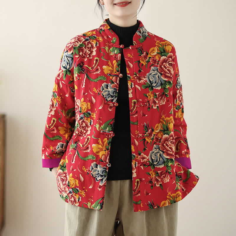 Buddha Stones Winter Vintage Tang Style Frog Button Peony Floral Women's Jacket With Pockets - Crimson - US14, UK/AU18, EU46 (2XL) - image 0