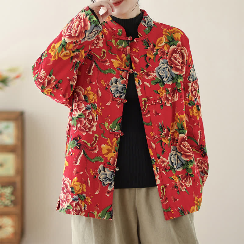 Buddha Stones Winter Vintage Tang Style Frog Button Peony Floral Women's Jacket With Pockets - image 1