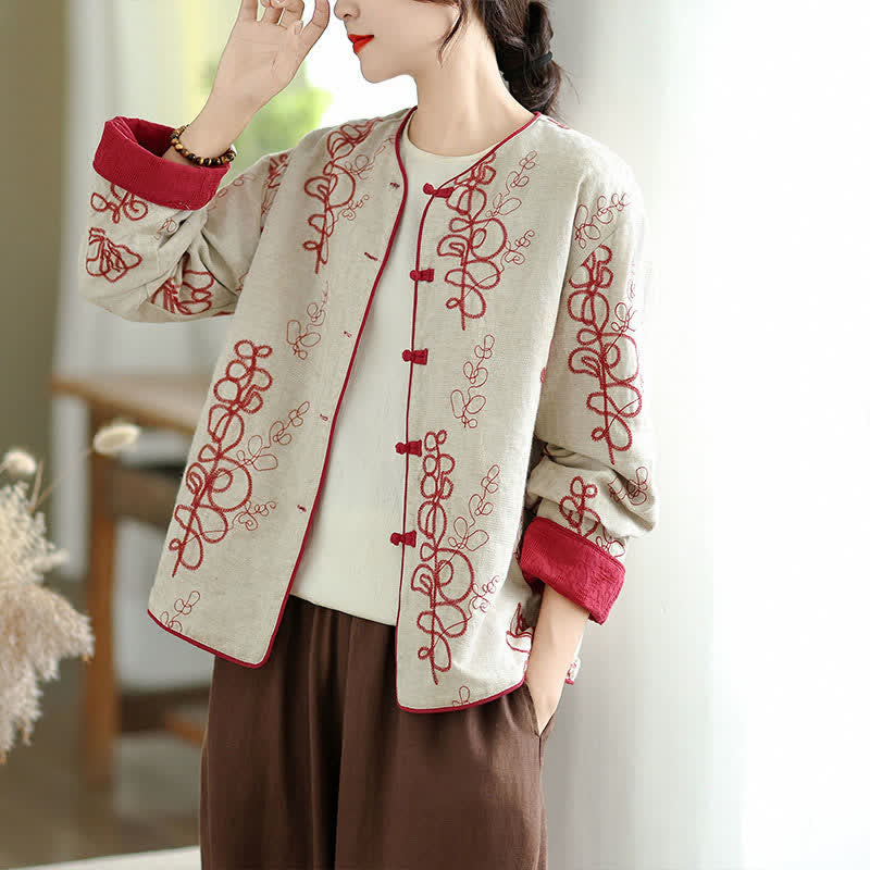 Buddha Stones Fall Winter Vintage Tang Style Embroidery Frog Button Floral Reversible Design Cropped Women's Jacket - image 5