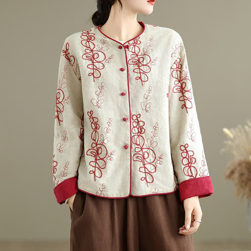 Buddha Stones Fall Winter Vintage Tang Style Embroidery Frog Button Floral Reversible Design Cropped Women's Jacket - Linen - US8-10, UK/AU12-14, EU40-42 (2XL) - image 0