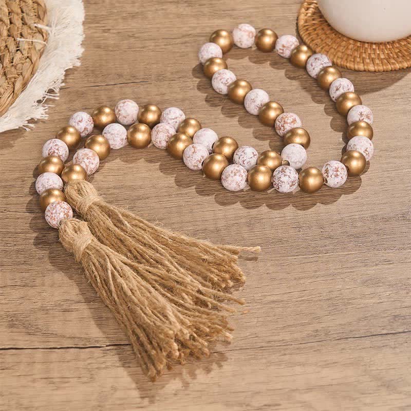 Buddha Stones Distressed White Gold Round Wood Bead Garland Mindful Living Decor - image 1