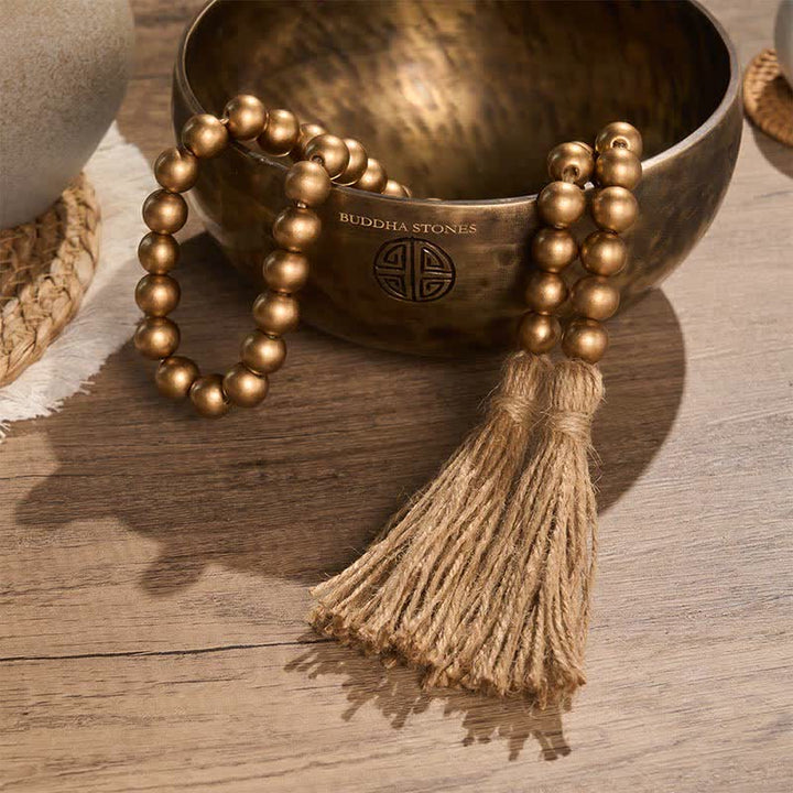 Buddha Stones Gold Rustic Wooden Bead Garland with Tassels Mindful Living Decor - image 4