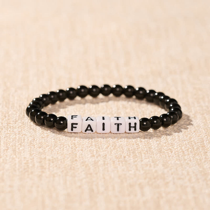 Buddha Stones Black Obsidian FAITH Letters Beads Purification Bracelet - image 1
