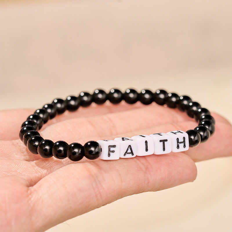 Buddha Stones Black Obsidian FAITH Letters Beads Purification Bracelet - image 2
