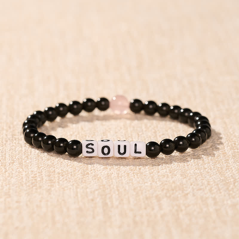Buddha Stones Black Obsidian Rose Quartz SOUL & MATE Letters Couple Relationships Bracelet - image 2